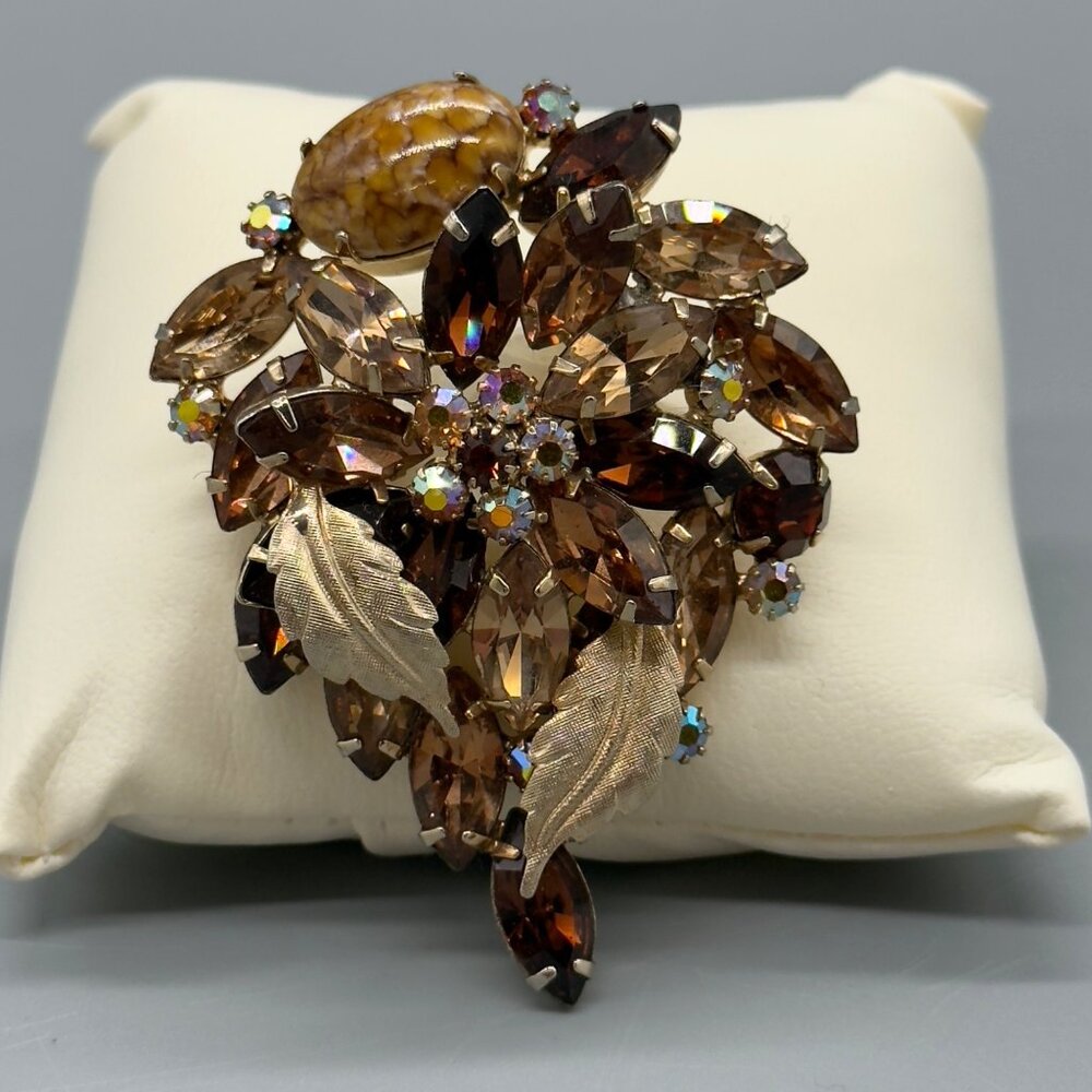 Vintage Hattie Carnegie Brooch Fall Autumn Gold Tone Cabochon READ